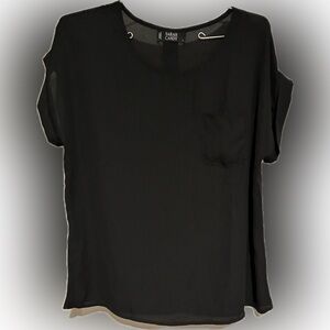 Semi Sheer Black Tee with Front Pocket and Decorative Back Butttons